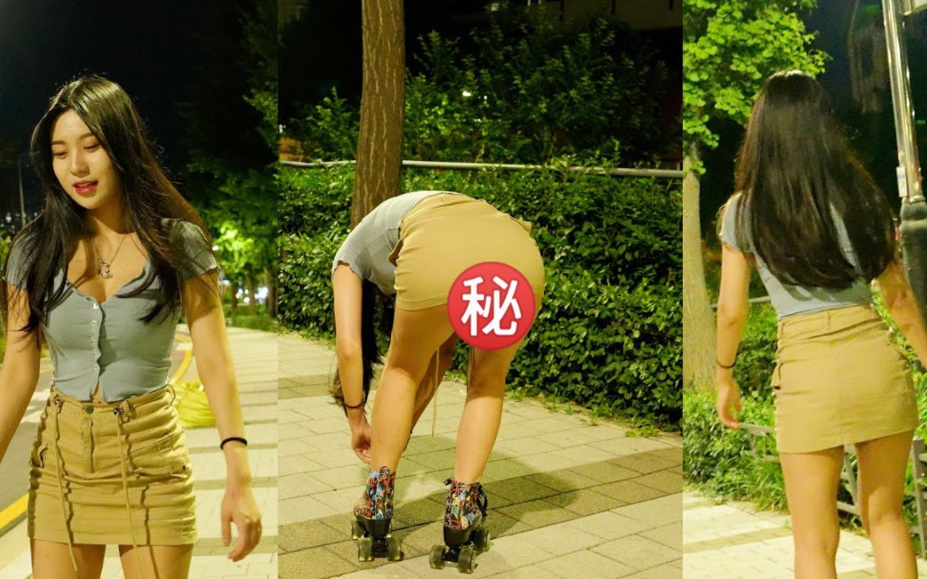 Playing roller skates in a super short skirt, so embarrassing, so afraid of getting naked
