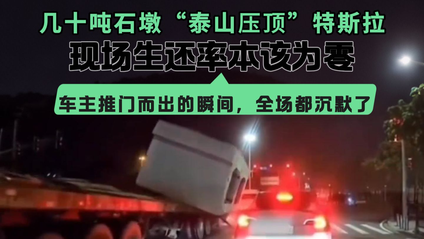 几十吨石墩“泰山压顶”特斯拉，现场生还率本该为零，车主推门而出的瞬间，全场都沉默了！