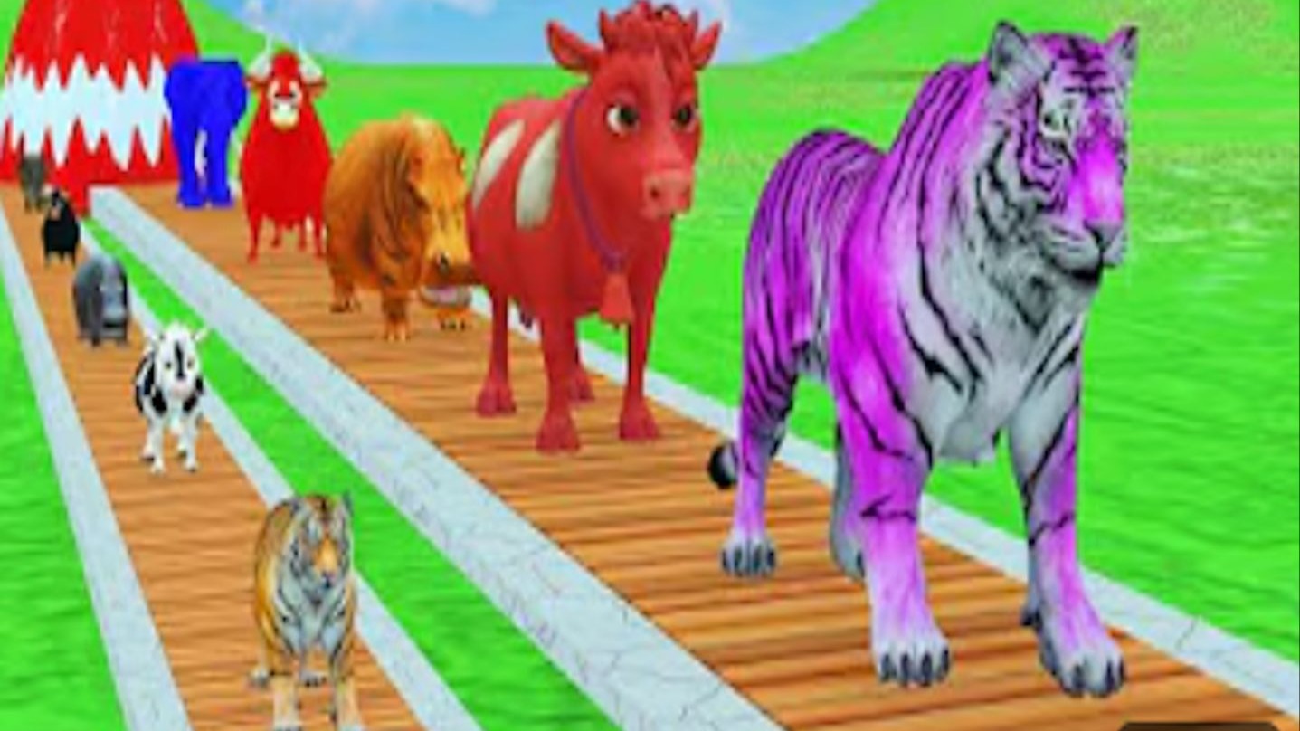 疯狂时刻，嗨到爆！长滑梯游戏与牛大象大猩猩河马老虎 - 3d 动物游戏 - 有趣的 3d 动物 玩具和颜色