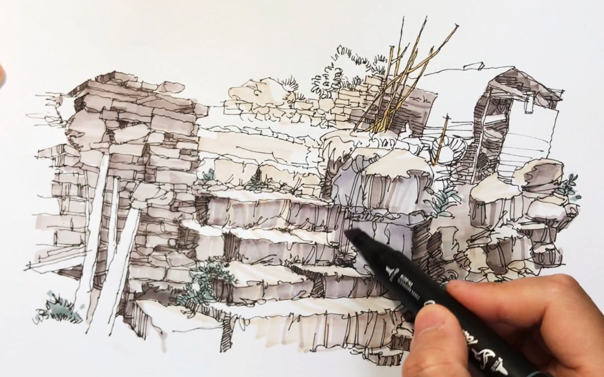 马克笔上色钢笔画线稿，掌握明暗关系的规律和变化，就能画的准确