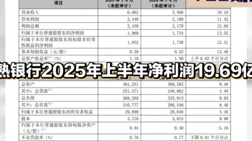 常熟银行2025年上半年净利润19.69亿元