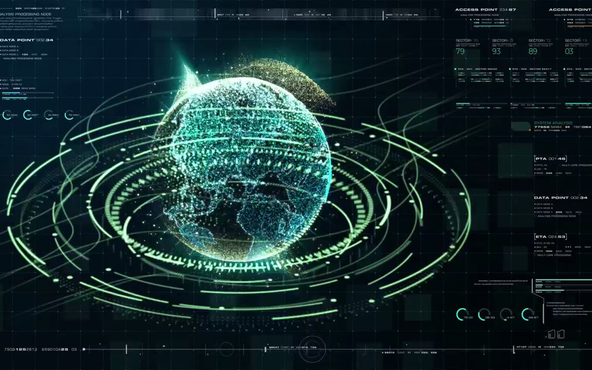 k2474 4K画质炫酷蓝色科技感小球发射线条光线光点连接地球HUD元素互联网峰会大数据银行金融动态视频素材