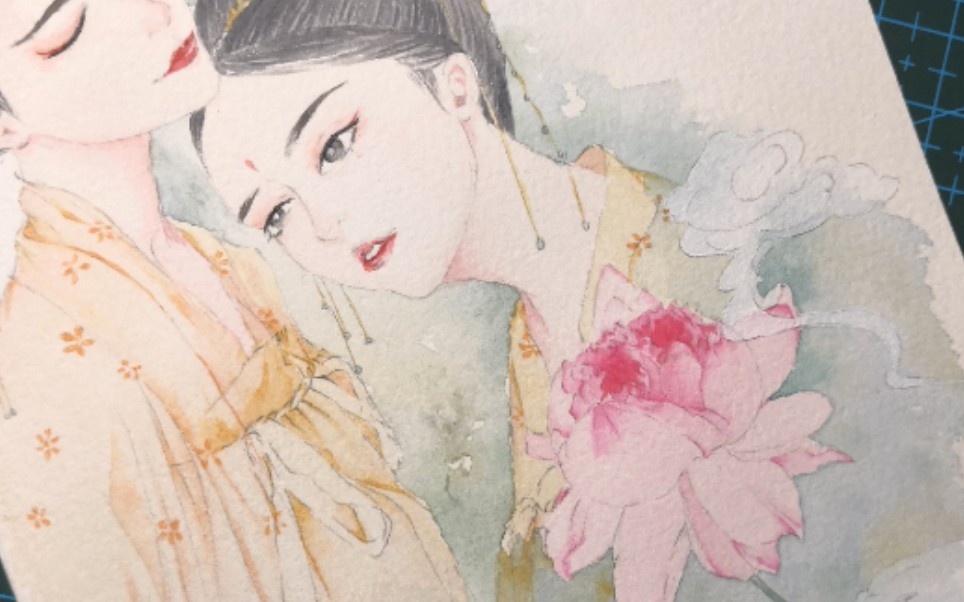 sasa的水彩并蒂莲双生花古风水彩