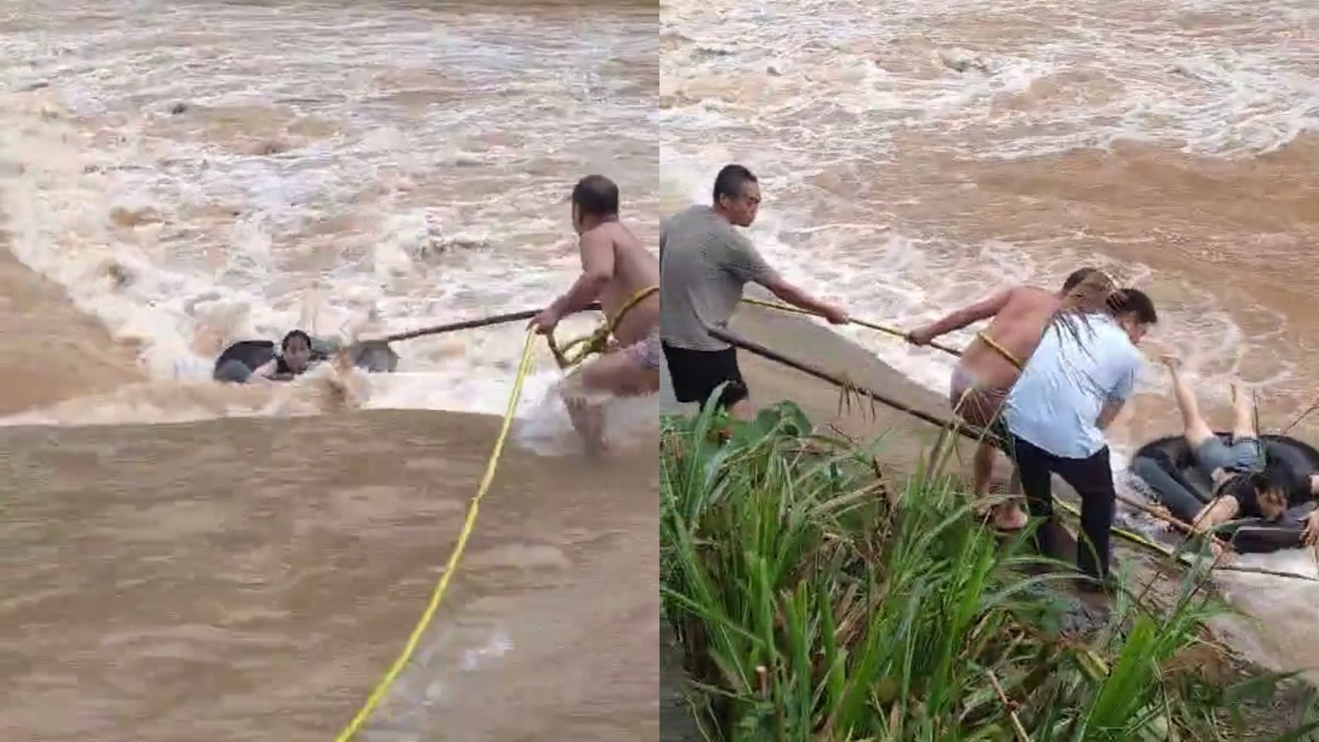 广西一男孩抱着轮胎下河游玩，突涨大水被卷入滚水坝，过路大哥拿水管当绳将人救出