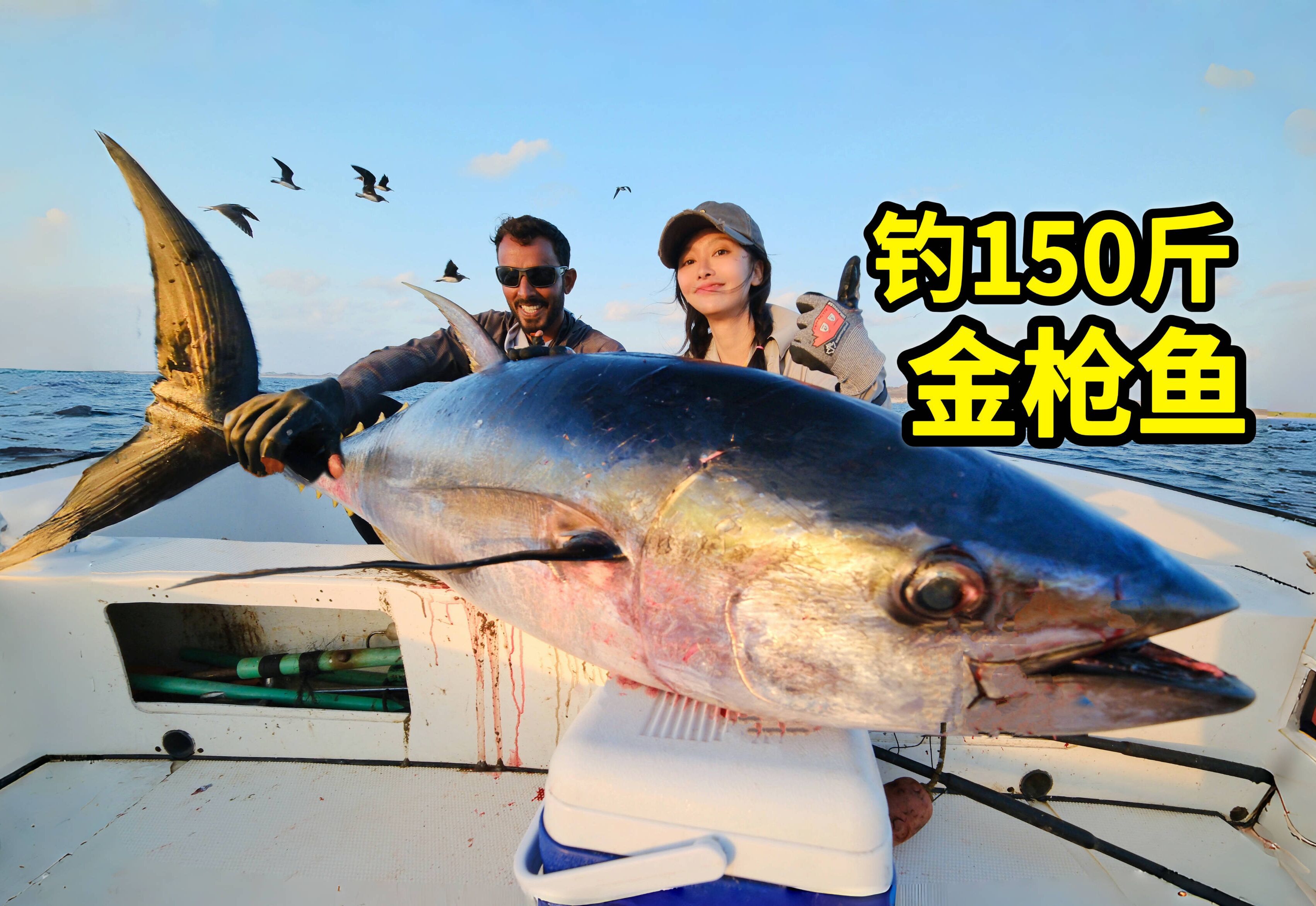 挑战150斤巨型金枪鱼，极限6人轮番拉线，切生鱼片鲜味生猛