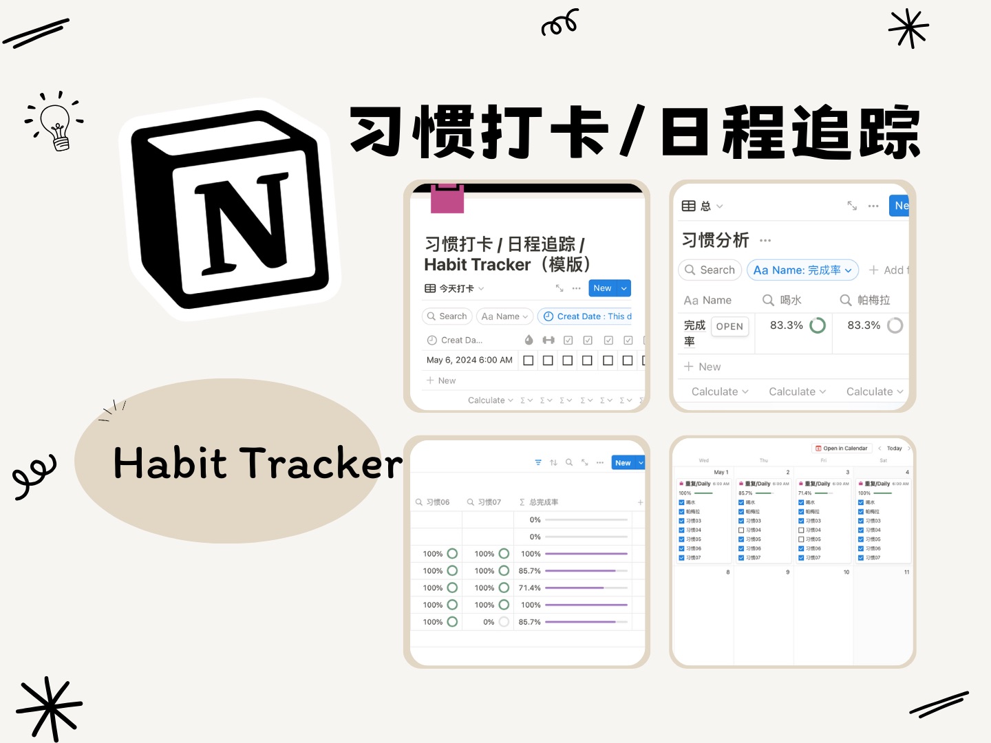 Notion习惯打卡/日程追踪/Habit traker模版｜精简｜智能｜灵活