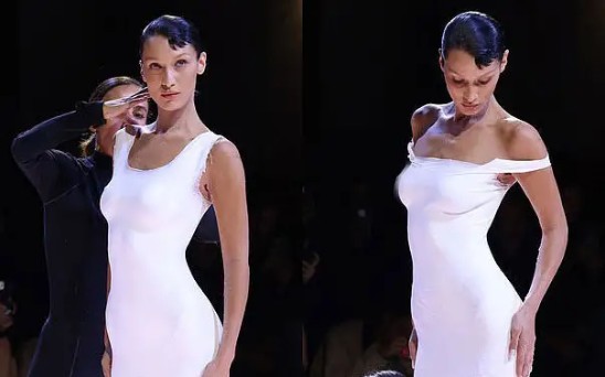 超模贝拉·哈迪德赤身登t台,被当众"喷出"奶白连衣裙,引发热议
