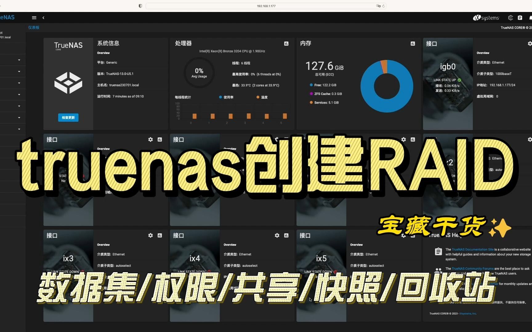 truenas创建RAID/添加数据集设置权限/共享/快照/回收站