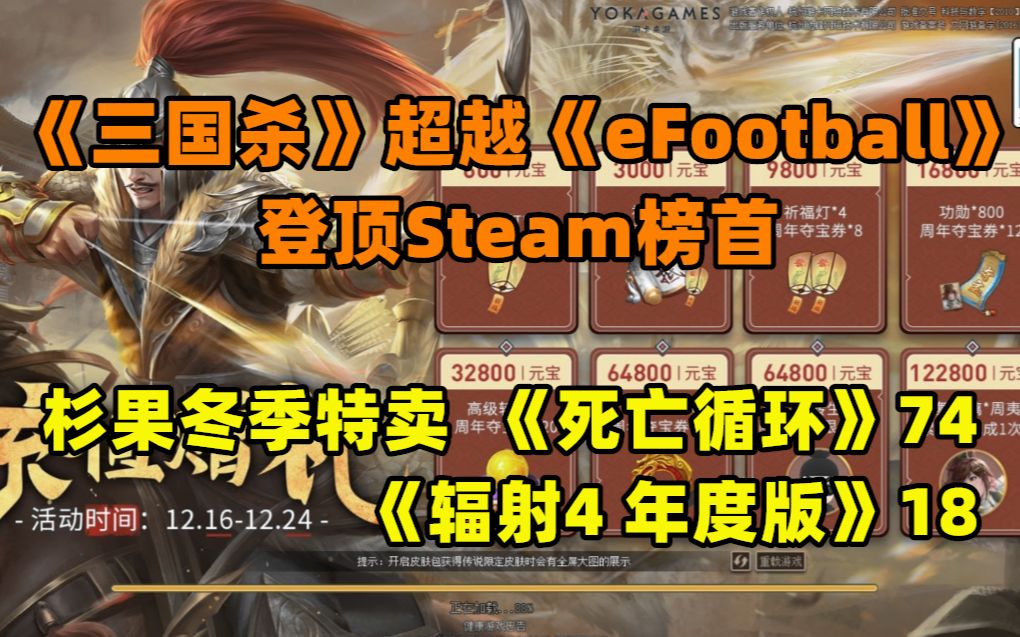 《三国杀》超越《eFootball 22》 登顶Steam榜首| 杉果冬季特卖《死亡循环》74 《辐射4 年度版》18|国产横板《廖添丁》8折特卖三国杀