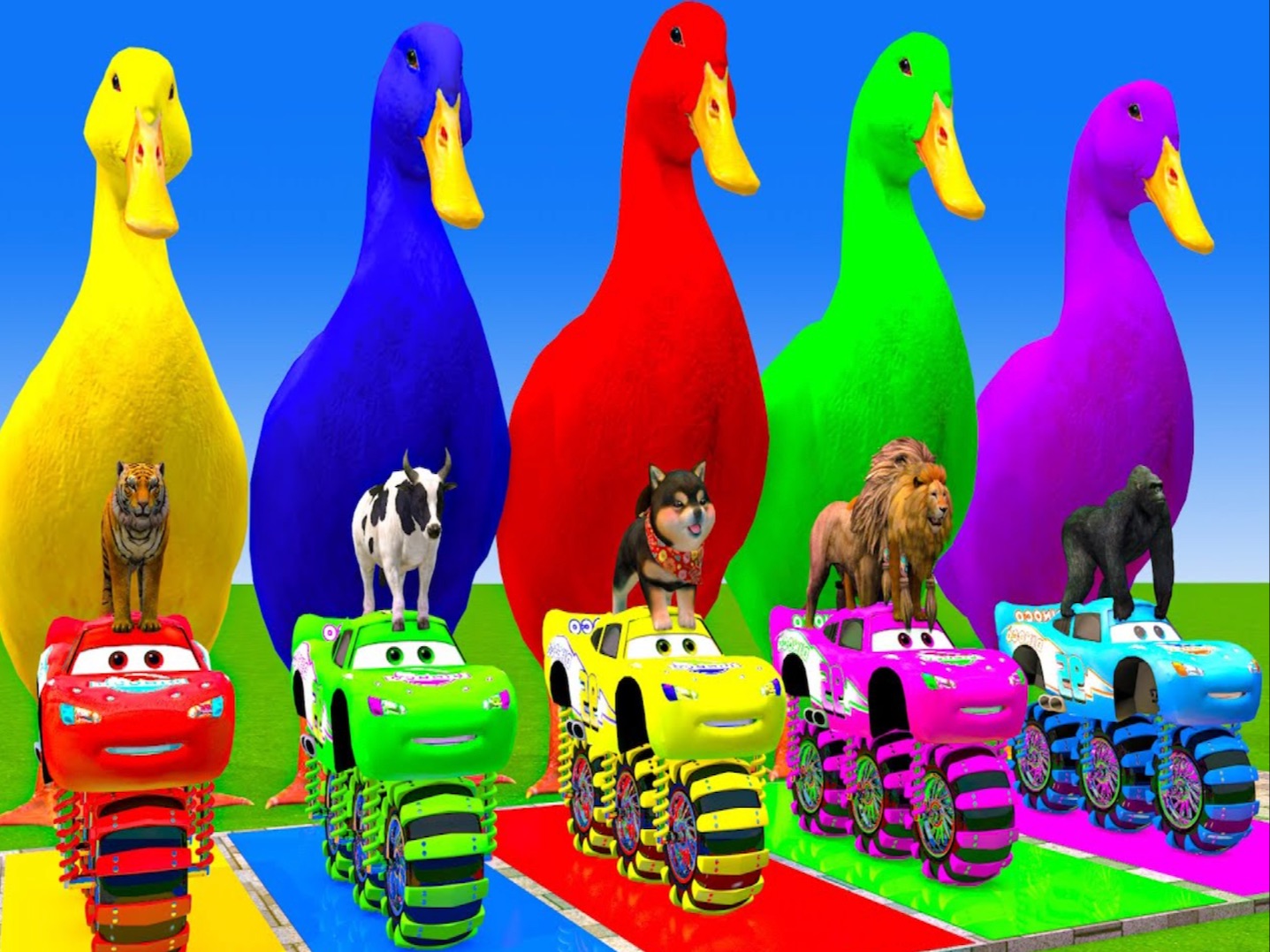 5只巨鸭卡通、牛、猛犸象、老虎、狮子、恐龙、画野生动物穿越喷泉动画 玩具和颜色