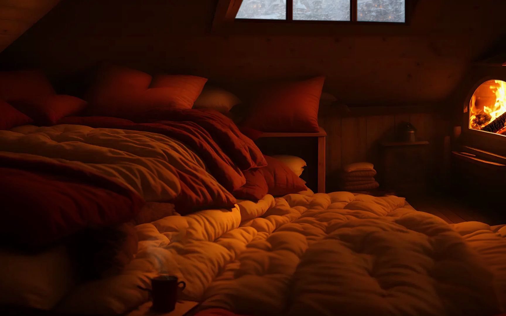 暴风雪夜，在铺满被子的舒适小屋里过冬，壁炉和风雪声，放松睡眠