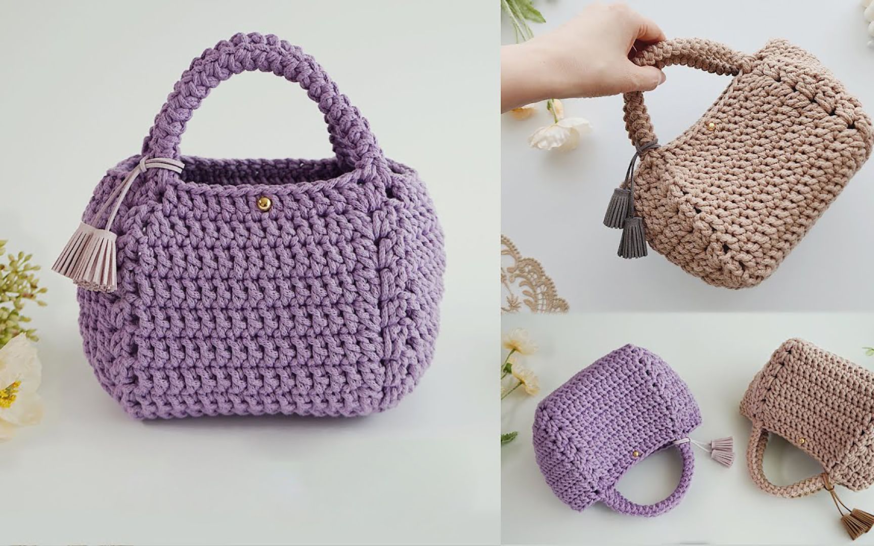 【钩针编织】用布条线制作一款非常漂亮的包包 好可爱的手提包