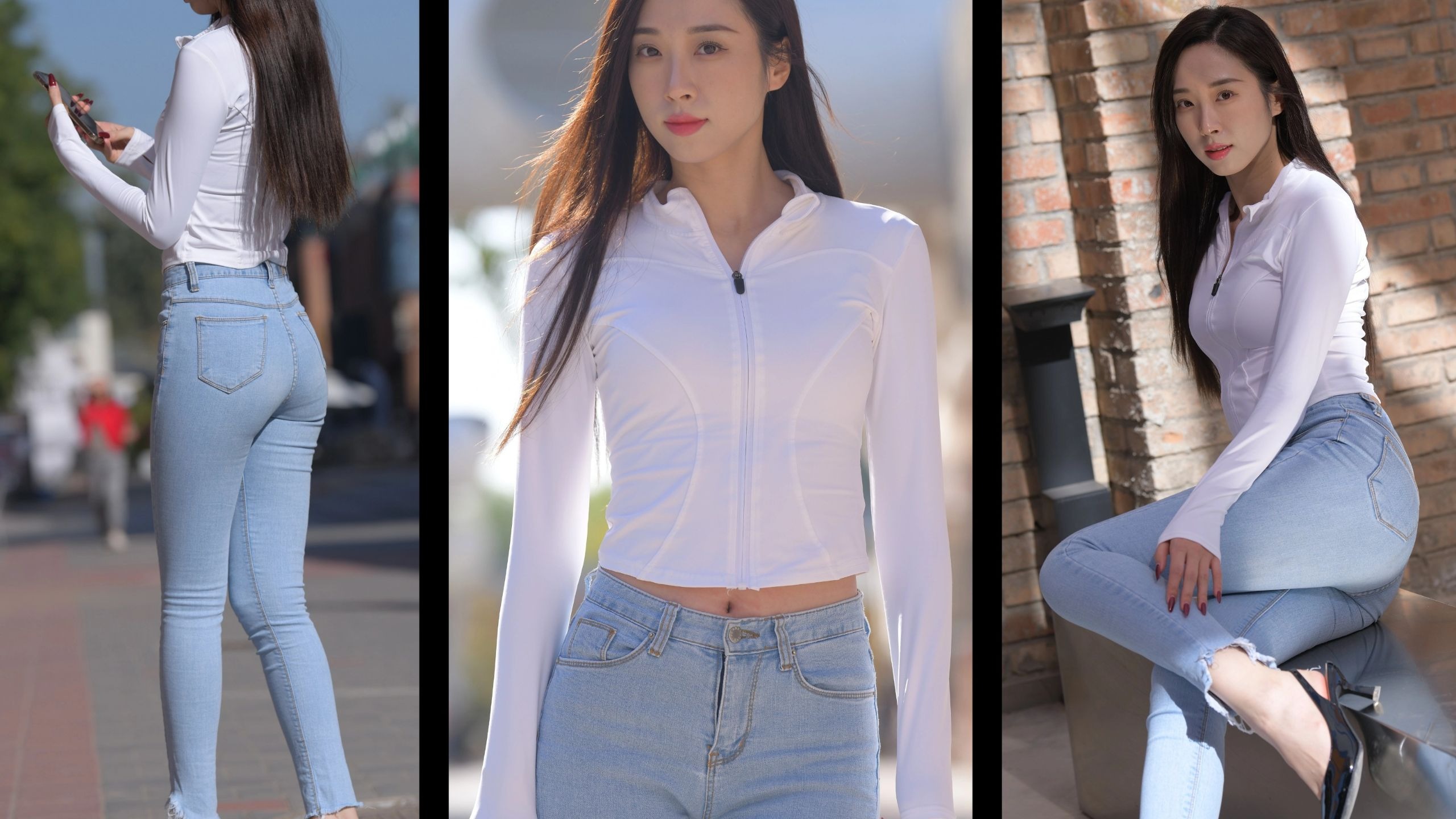 白色长袖 牛仔长裤