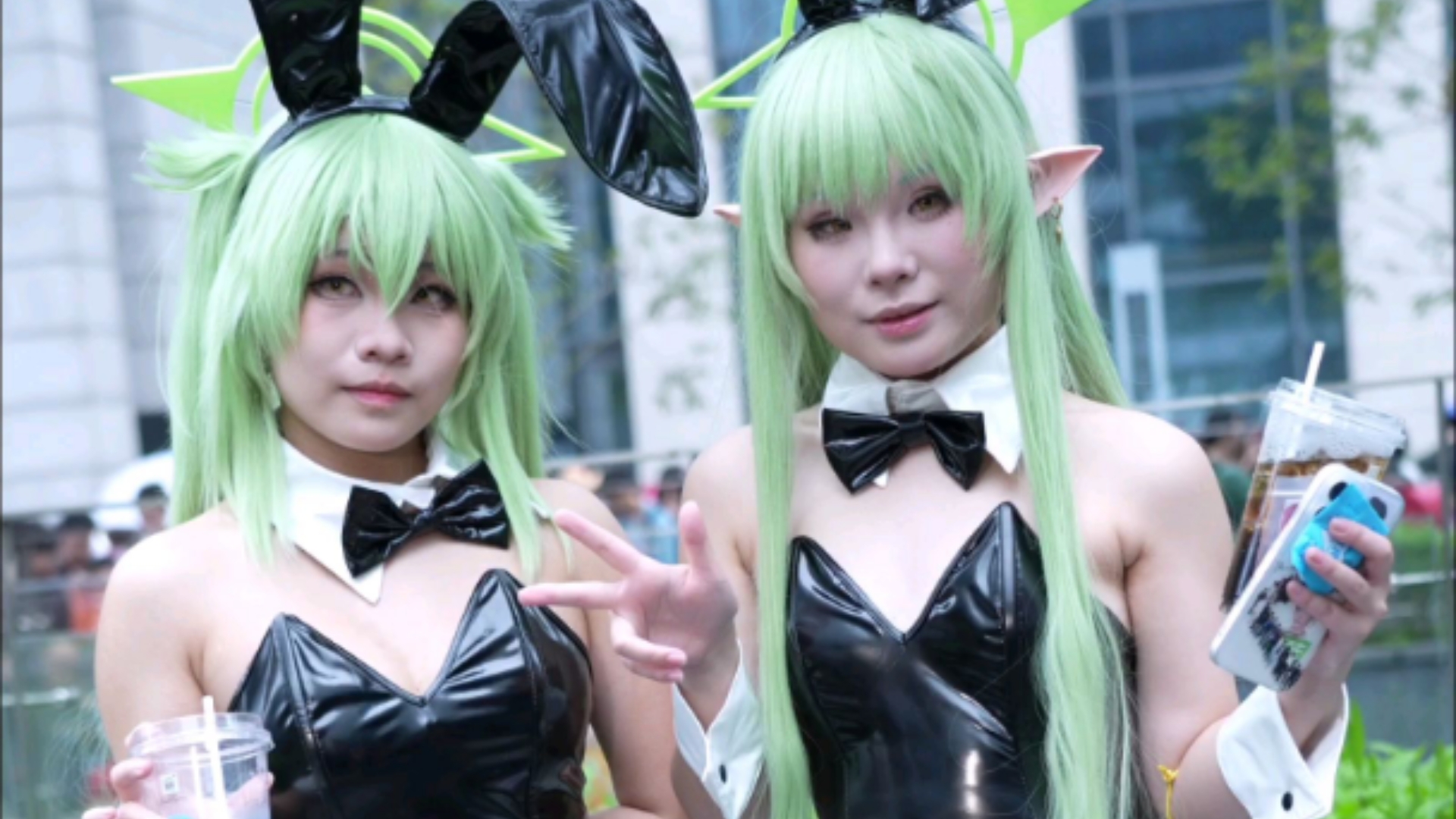 [Tangerine Lookout Tangerine Light Bunny Girl] - Azure Files cos Twins Long Hair Double Ponytail + White Silk Black Lacquer Leather