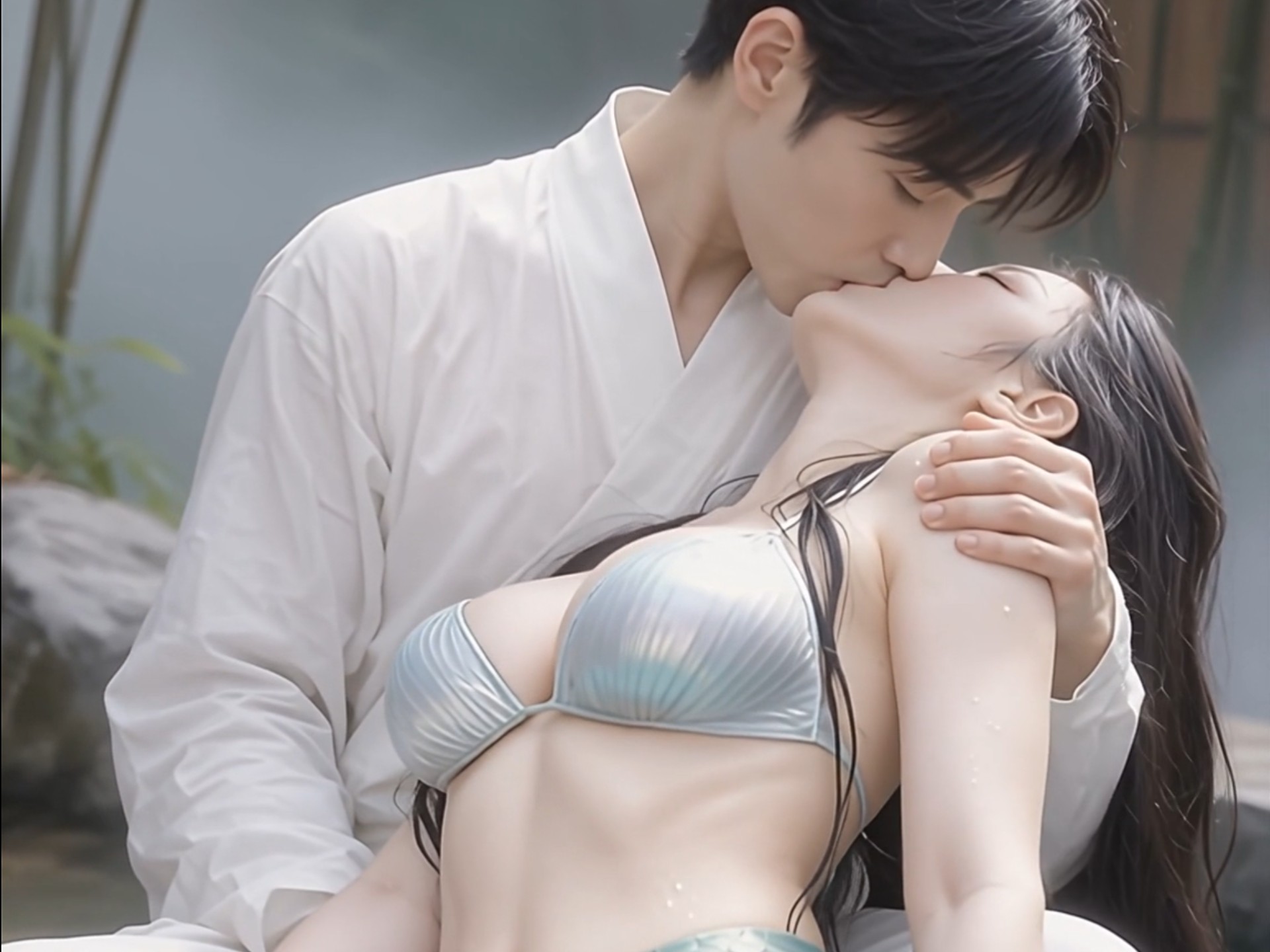 【AI剧场】极品美人鱼④镜头，白衣男子深情亲吻虚弱的人鱼