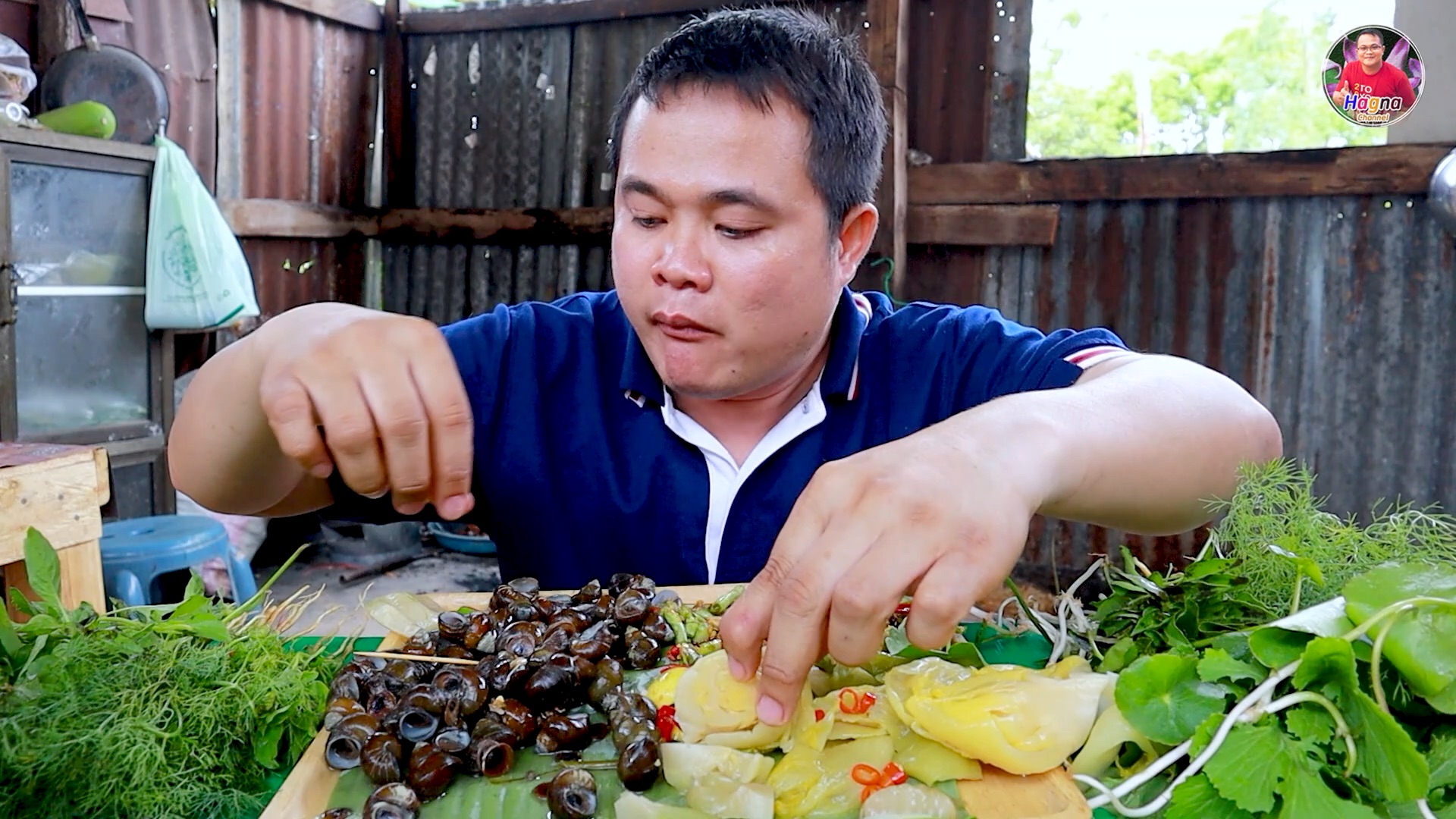泰国嗯哼哥吃播 今天吃田螺 还有凉拌豆角 酸菜 和其他绿叶菜 少不了必需的糯米饭