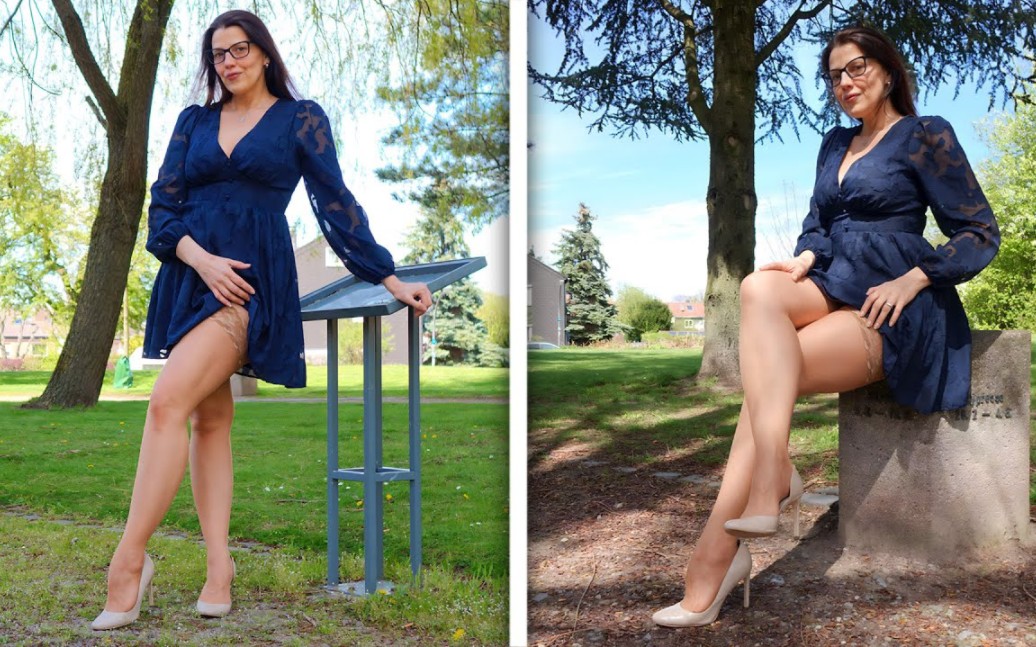 Blue floral dress with stockings and high heels|