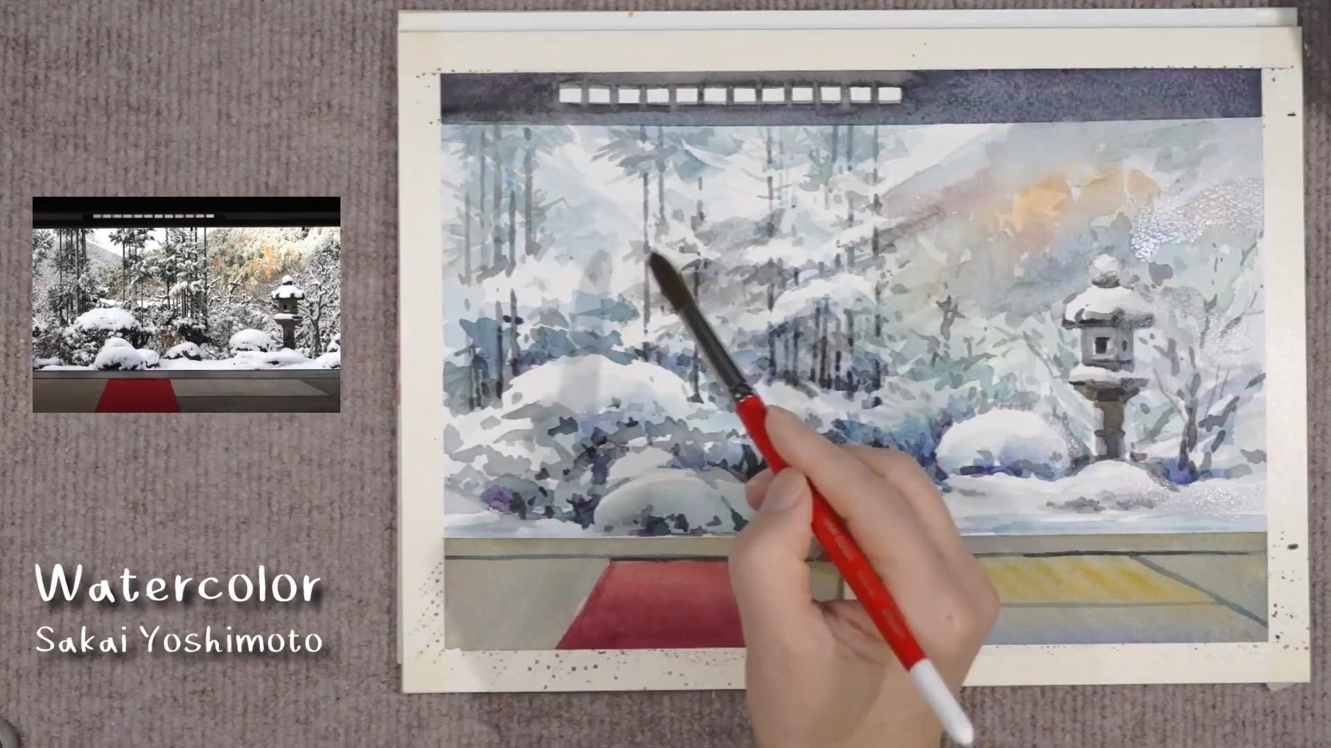 京都 冬の庭園を透明水彩で描く　水彩画 -- 酒井芳元