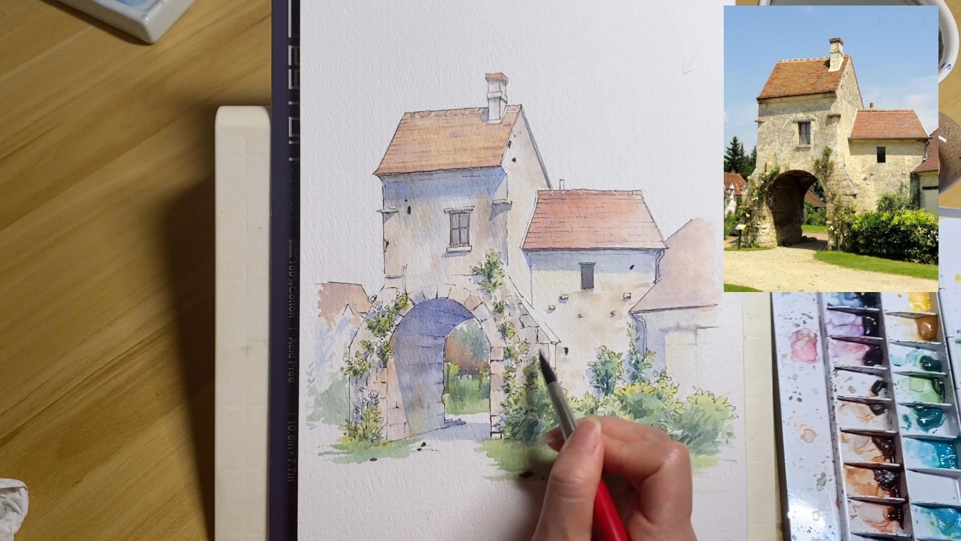 钢笔淡彩上色完整过程附素材·欧式复古拱门上色part