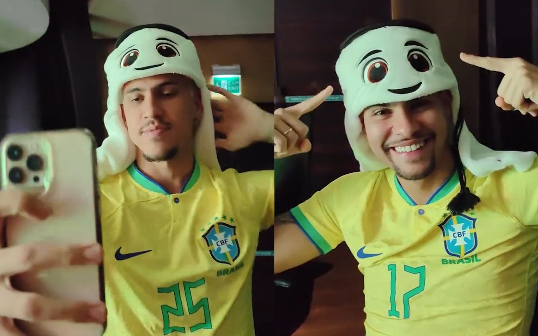 可可爱爱！巴西球员戴上“馄饨皮”帽子,变身拉伊卜迷弟