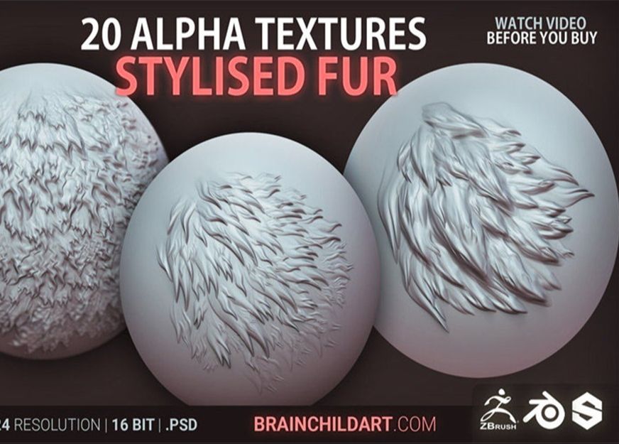 【alpha贴图分享】ZBrush素材风格化毛发皮毛绒毛Alpha笔刷ZB雕刻动物人物JPG阿尔法