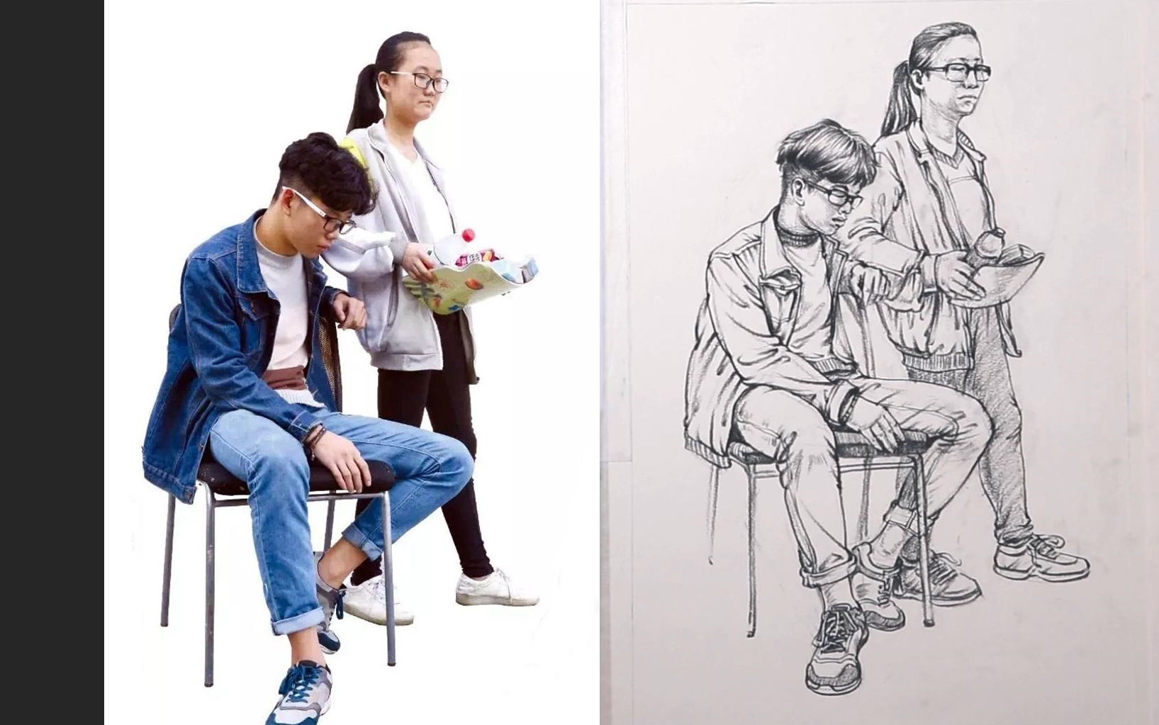 中级组合速写戴眼镜坐姿男青年和戴眼镜站姿女青年 北京华艺名画室
