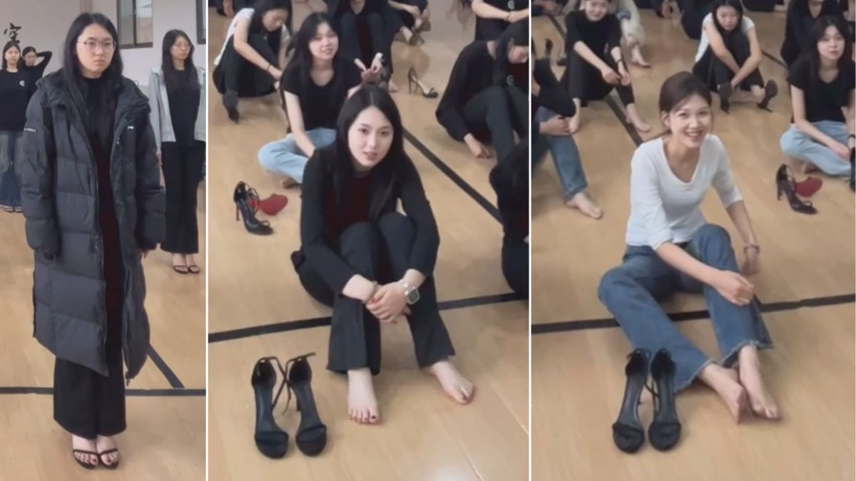 模特生们即使冷到穿羽绒服也要光脚穿高跟凉鞋训练 甚至还要脱鞋