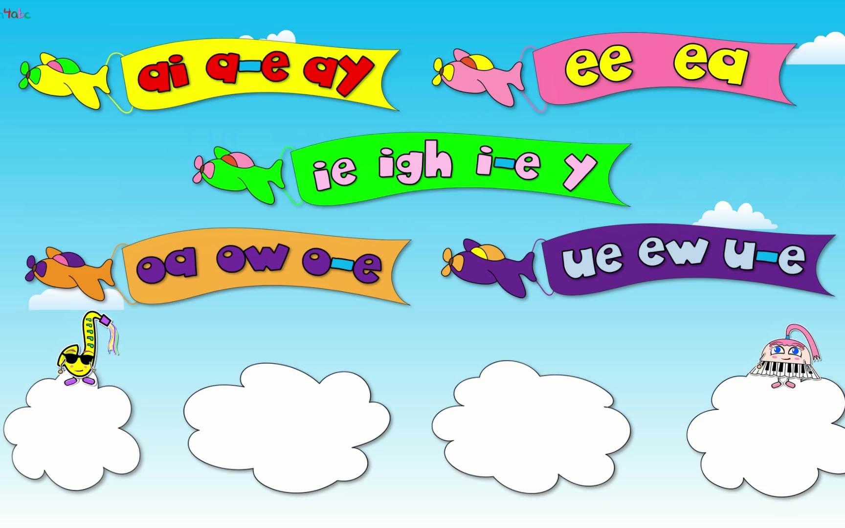 长元音之歌 Long Vowels Song ai a e ay ee ea ie igh i e y oa o e ow ue u e ew -w