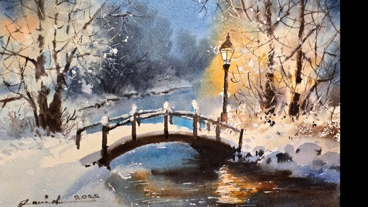 如何用水彩画一幅冬夜风景画——雪桥——灯光 -- Javid Tabatabaei