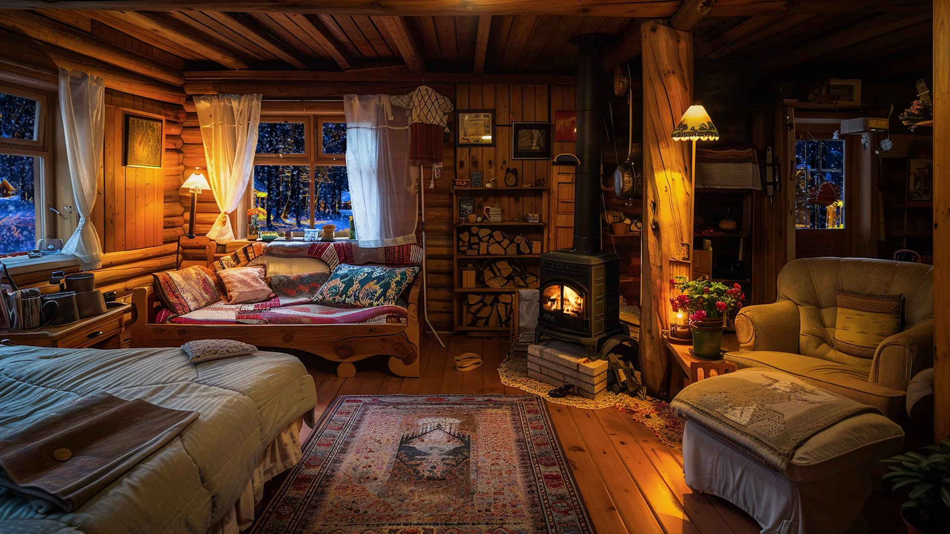 冬季小木屋氛围丨听着屋里的柴火声，爆裂的木柴燃烧声帮助入睡，放松
