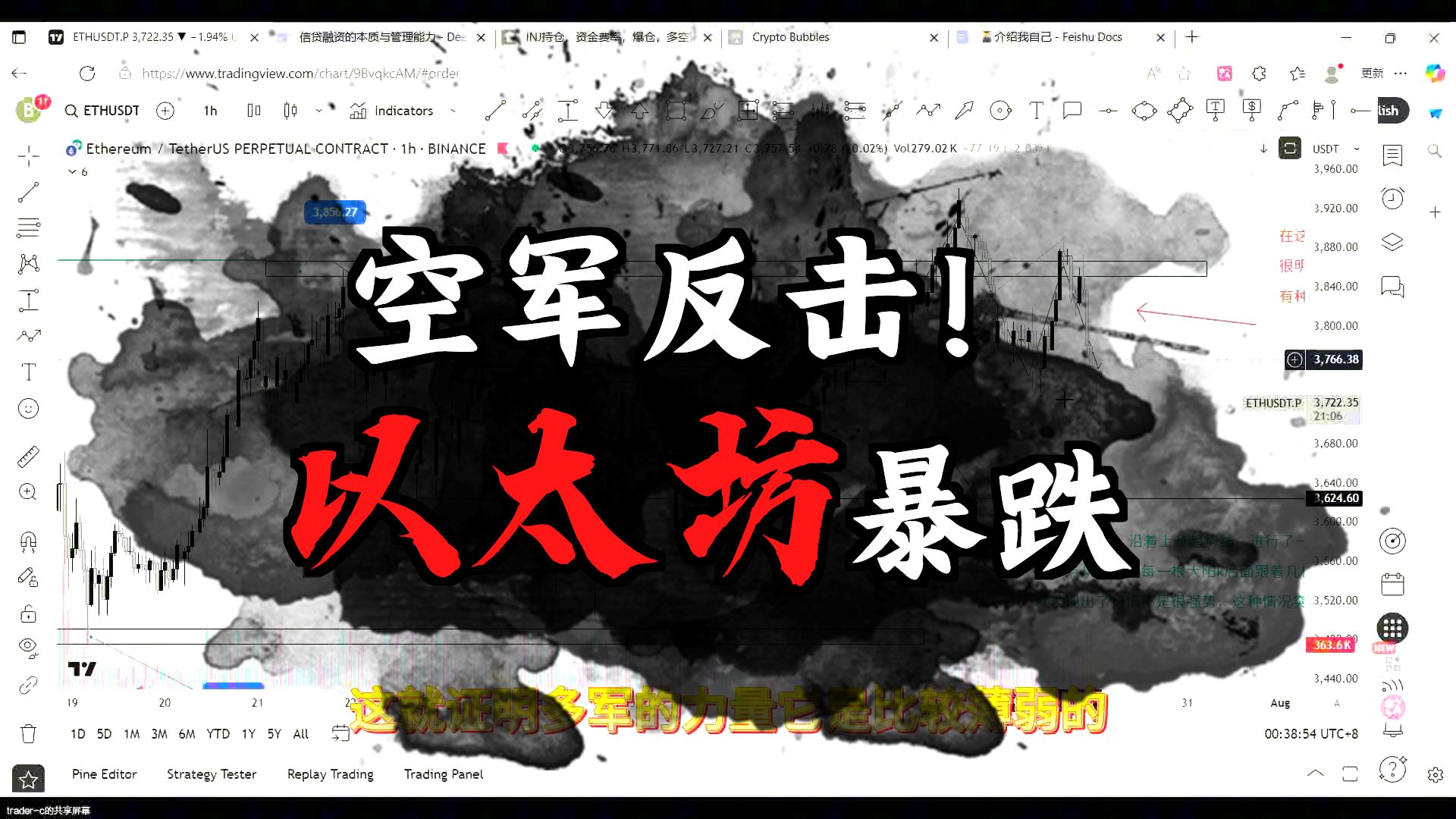 【trader-c的实时交易教学频道】7.31日到8.2日，捕捉ETH10%下跌，做单全过程思路，快来学