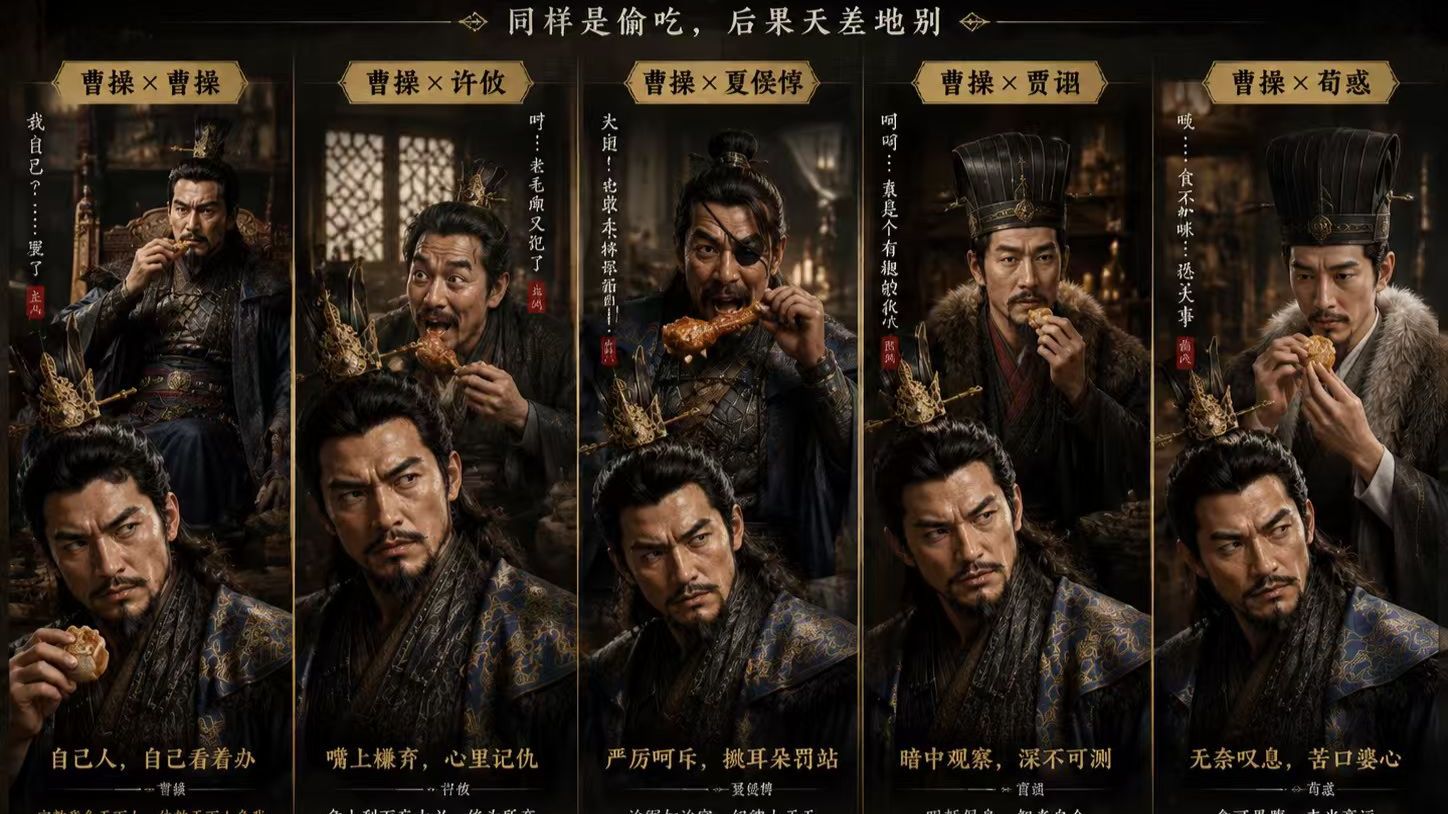 当曹操看到不同人偷吃东西时的反应