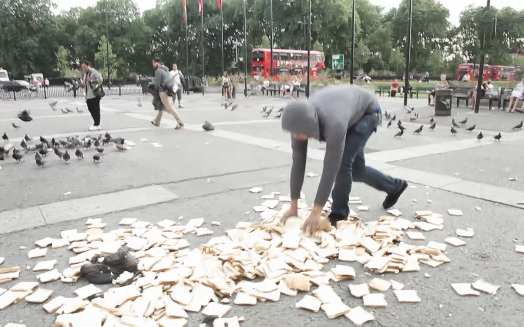 小伙将泻药放在面包里，到广场上喂野鸽子，数千只野鸽子天上拉稀