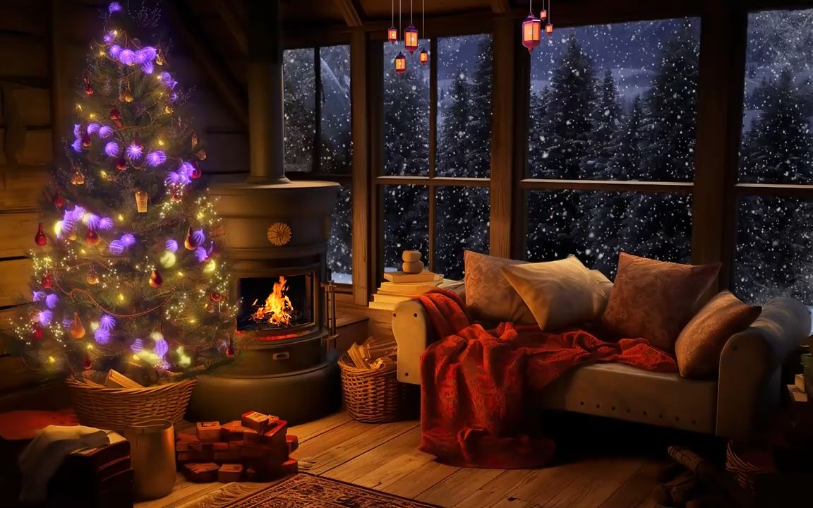 在舒适的冬季小屋中享受圣诞氛围，伴有圣诞钢琴音乐、降雪和壁炉声