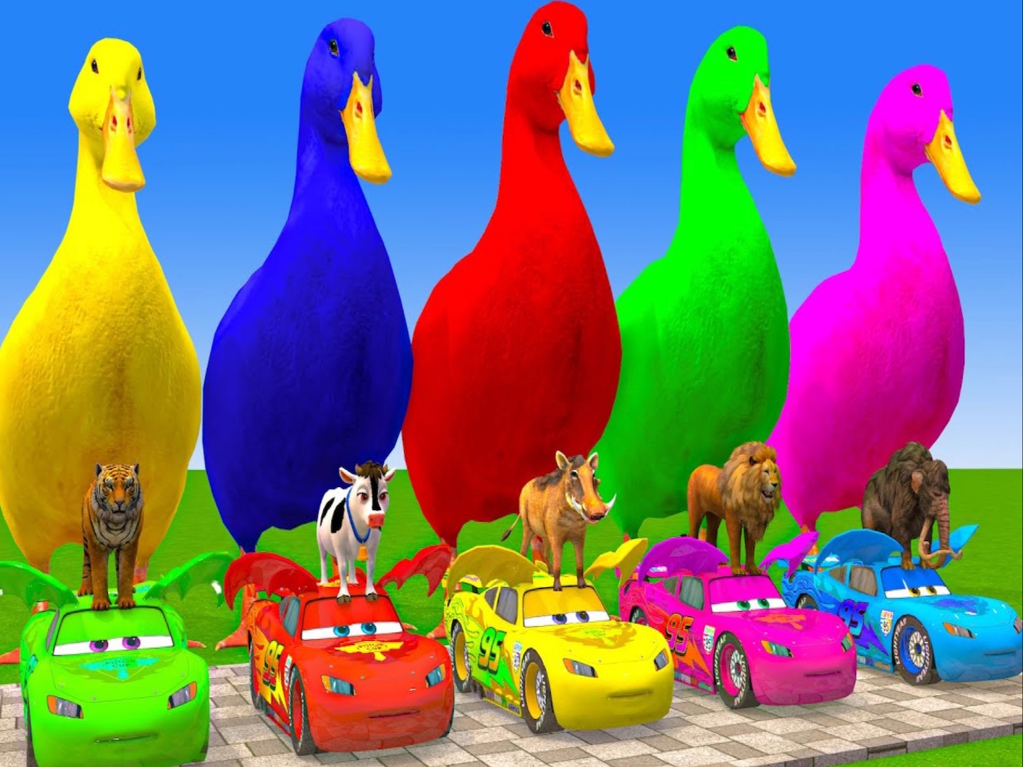5 只巨型鸭子卡通、牛、大象、长颈鹿、老虎、狮子、油漆野生动物穿越喷泉动画 玩具和颜色