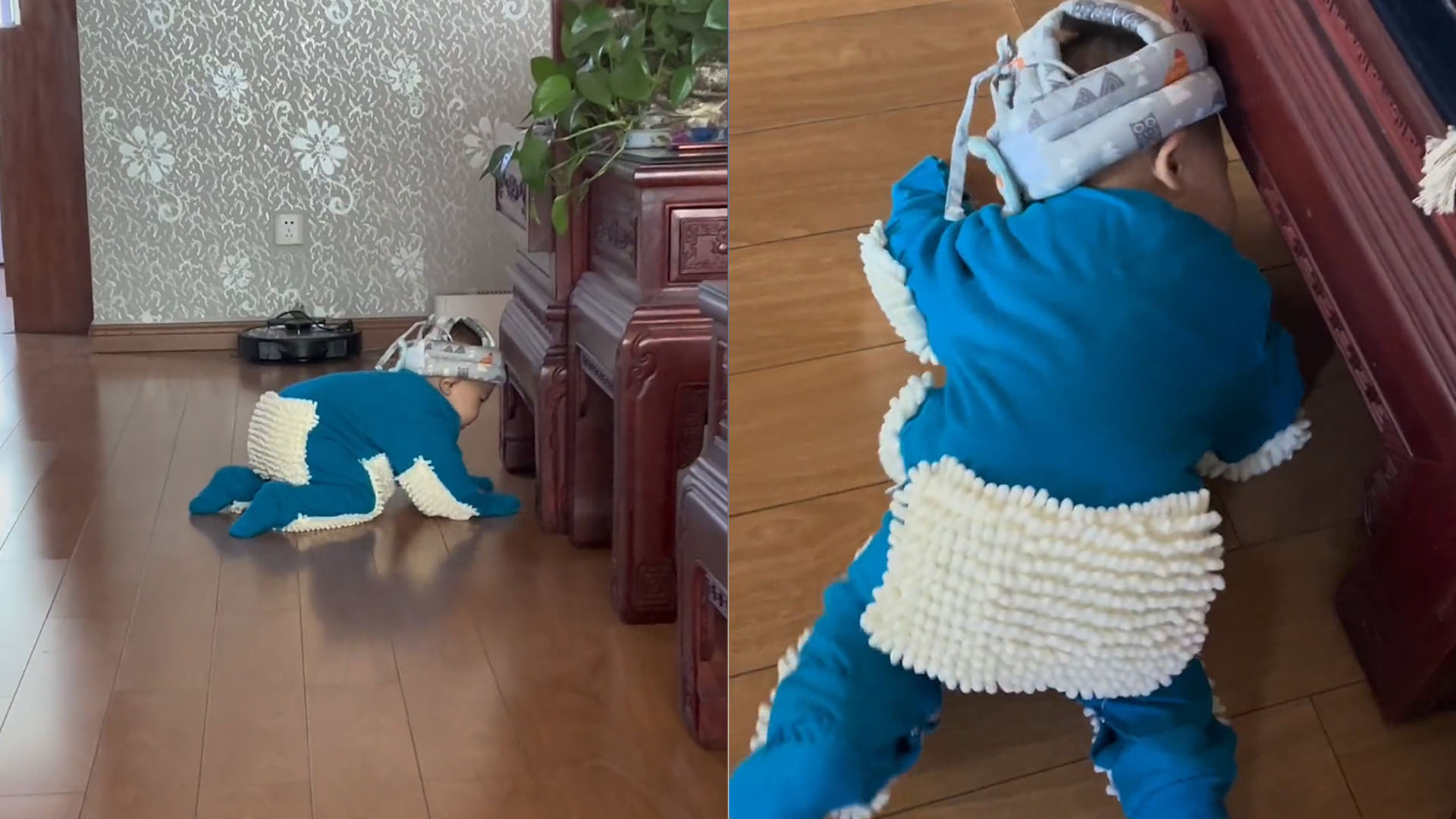 姥姥给外孙买“拖布服”，11月大宝宝秒变“擦地机”：全自动的