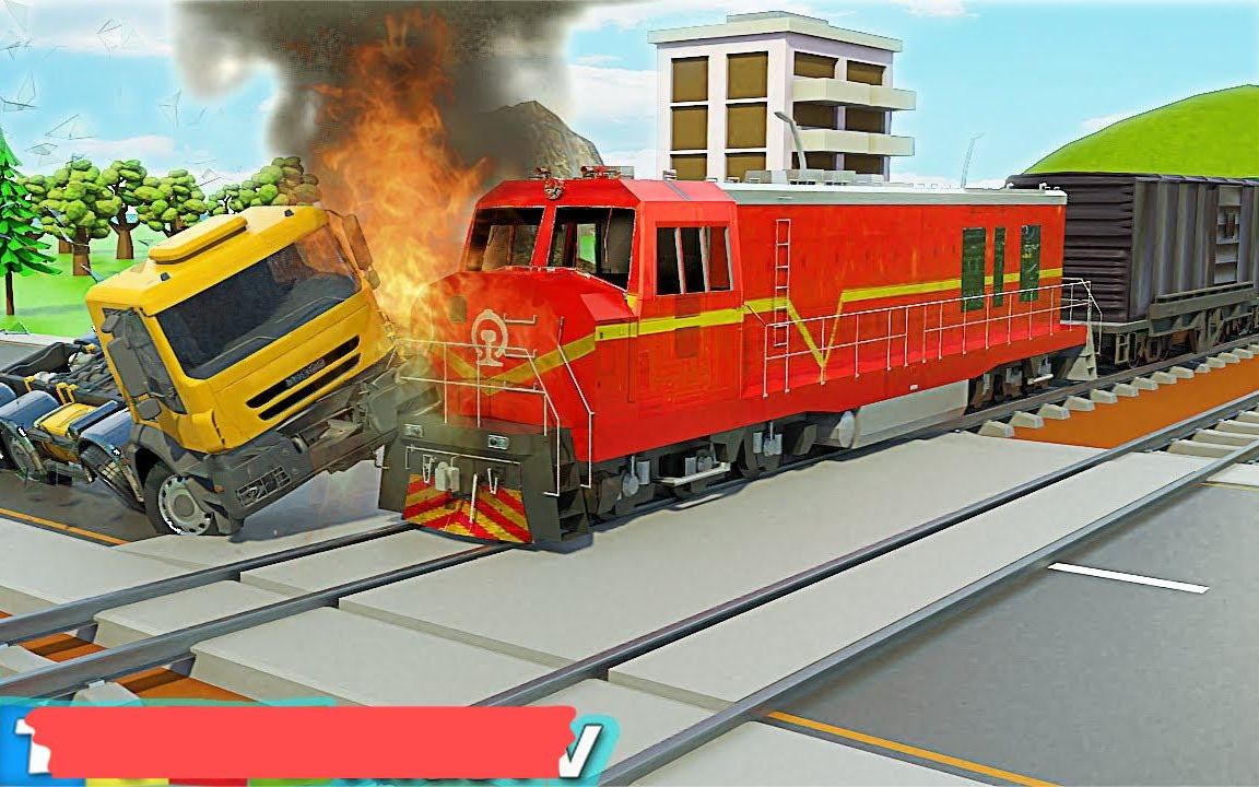 运输车冲撞火车道被小火车撞翻了过去 工程车动画片大全 儿童动画