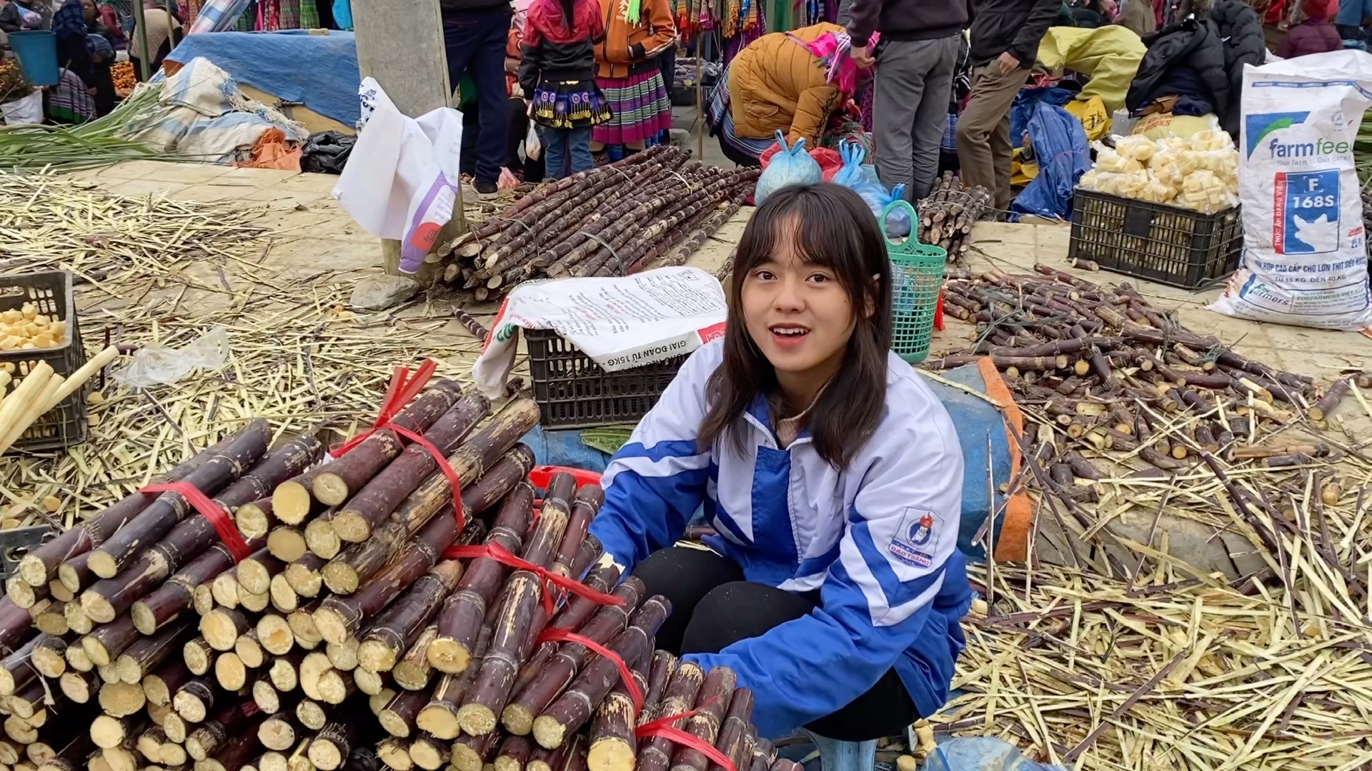 越南高中学生每周天都去赶集卖甘蔗听她说一天能挣多少钱
