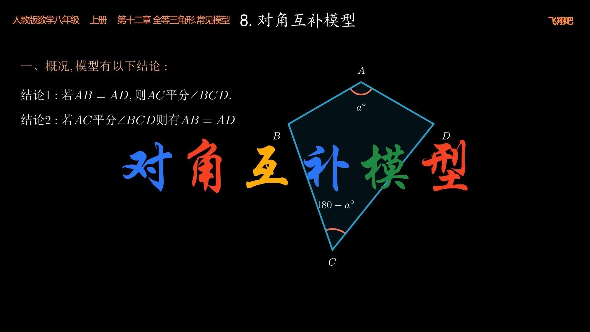 初中数学动画演示.对角互补模型，重要结论及详细证明.