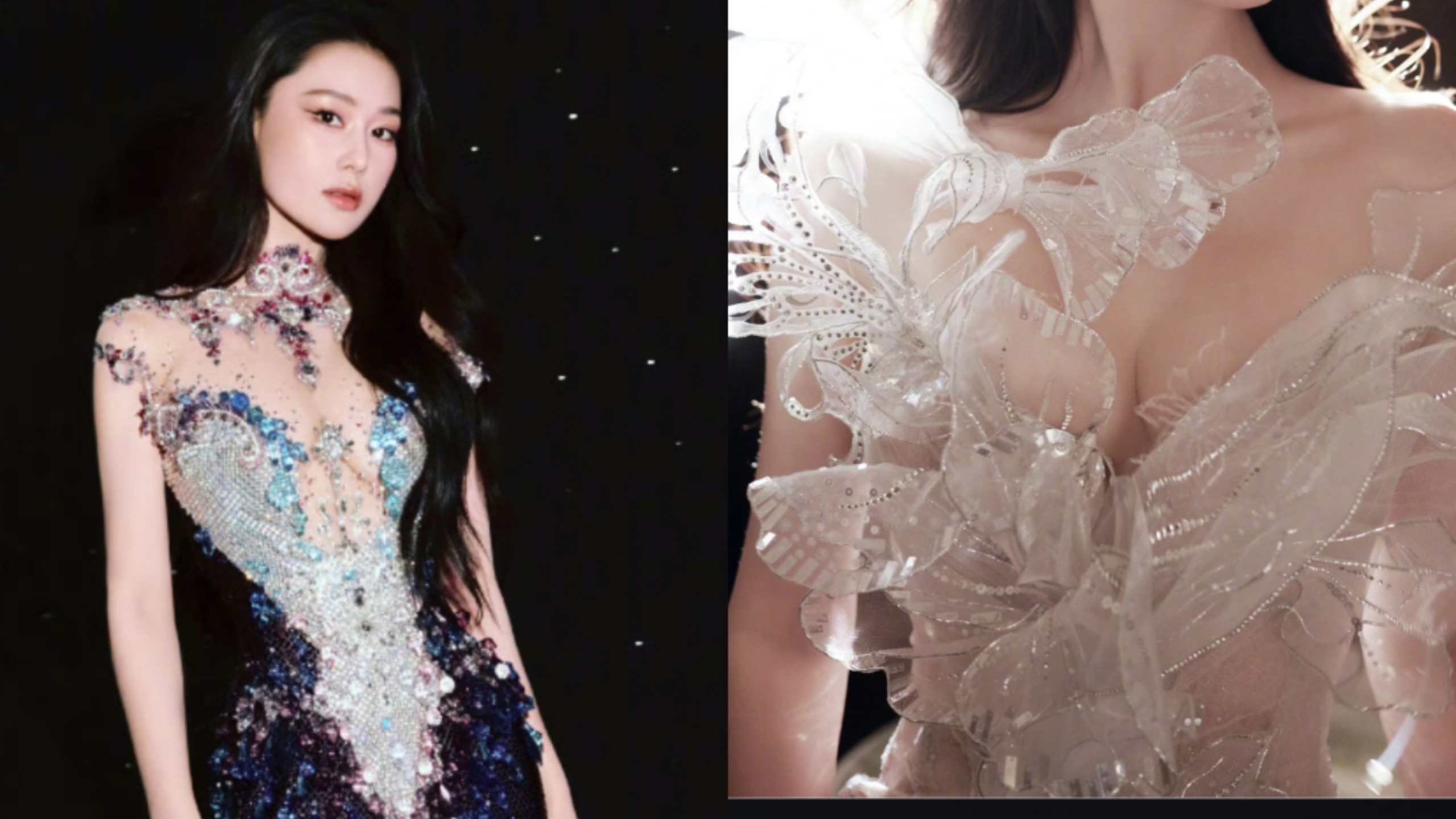 张馨予美爆了！，最美军嫂！蓝紫色钻石裙加白纱抹胸深V钻石裙！美人鱼上岸！！