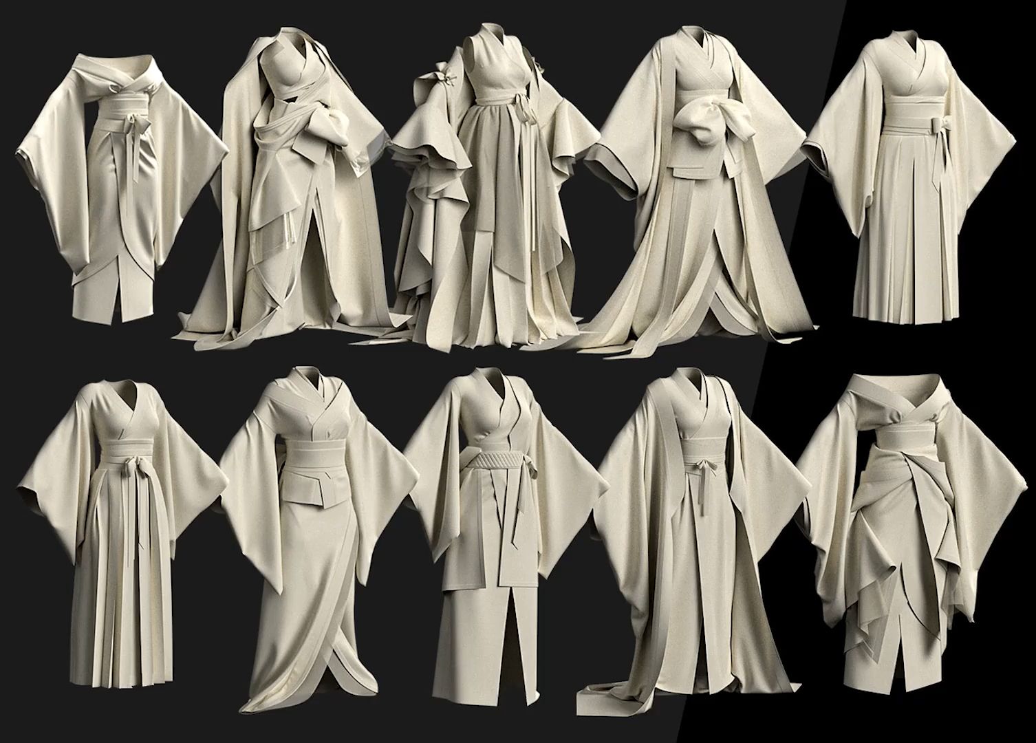 虚拟3D服装！10款古代和服连衣裙长裙套装ZPRJ模型，带FBX OBJ格式白模