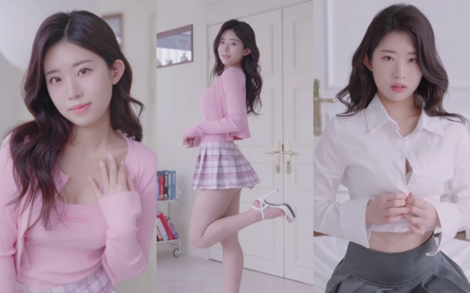 Pure and lovely Ms. Yang pink and white lingerie set & pleated skirt wearing photos
