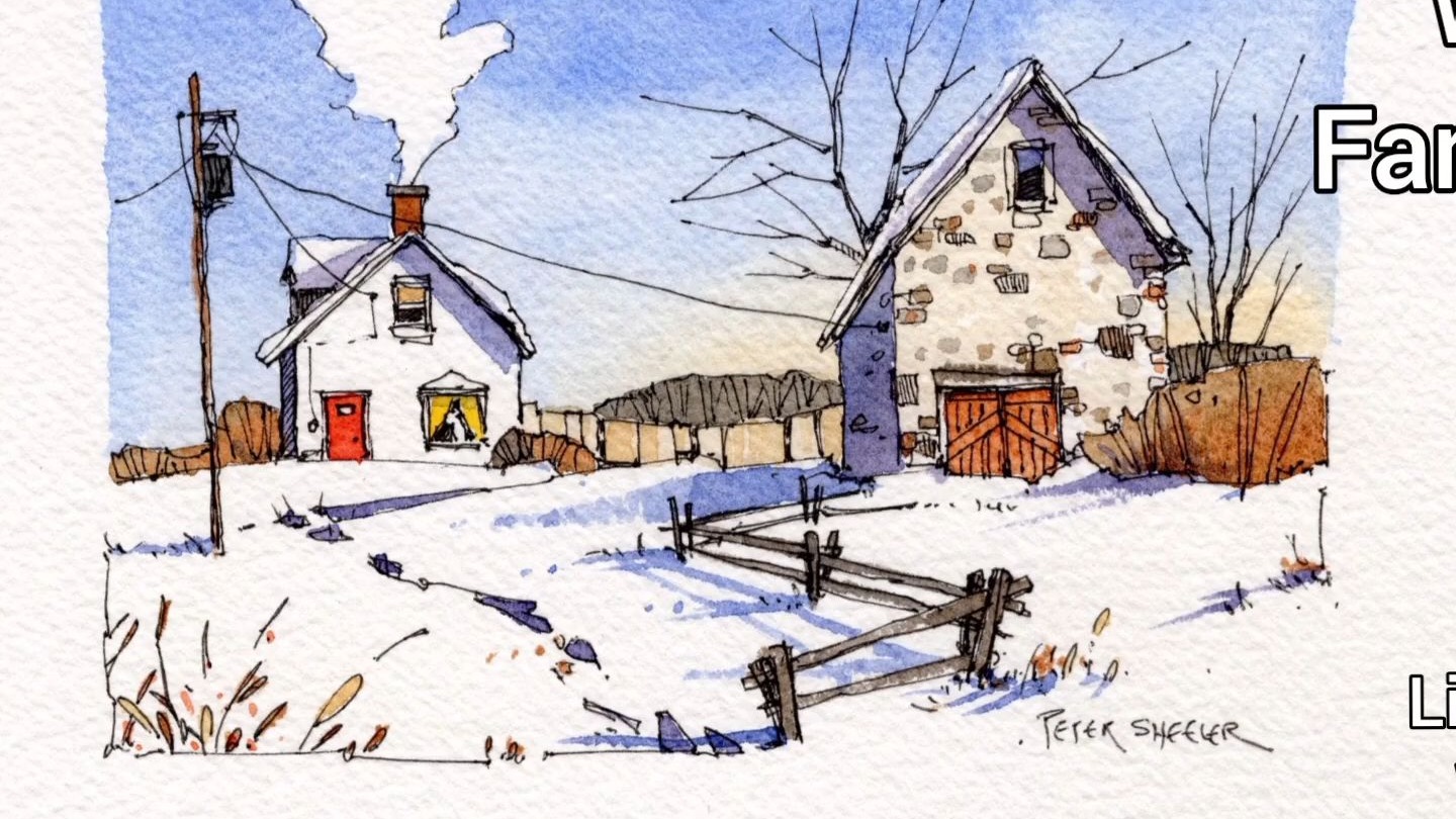 简单有趣的线条水彩画，描绘了一座冬季的老石头谷仓和农舍 -- Peter Sheeler