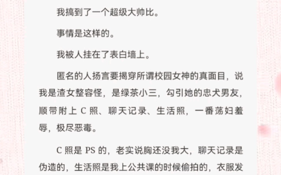 我被人挂在了表白墙上。匿名的人扬言要揭穿所谓校园女神的真面目，说我是渣女整容怪，是绿茶小三，勾引她的忠犬男友，顺带附上 C 照、聊天记录、生活照，极尽恶毒。