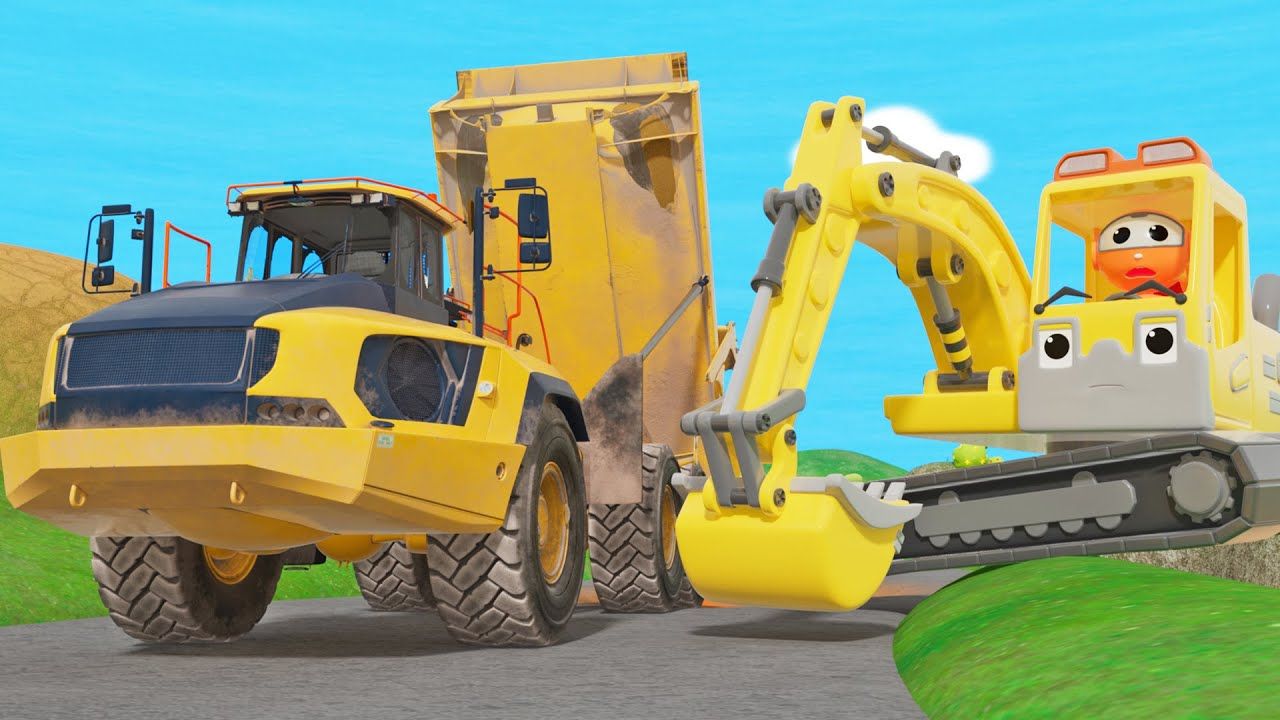 挖掘机和运输车在修补路面 早教 益智 育儿 汽车动画