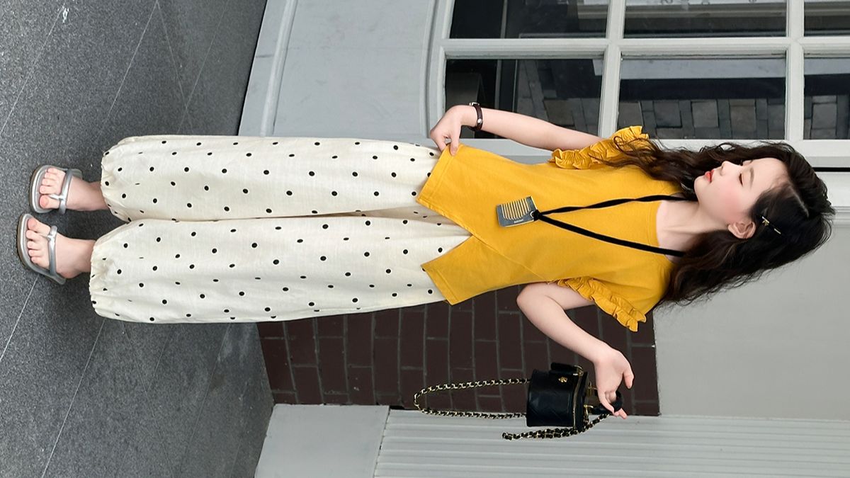 女童套装夏款后背绑带花边T恤波点裤两件套