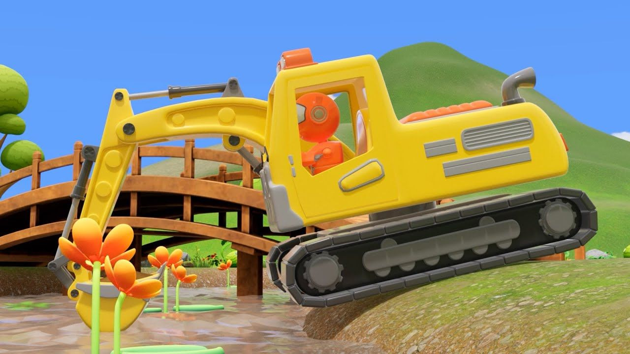 挖掘机在河流中勾泥沙，儿童早教益智动画