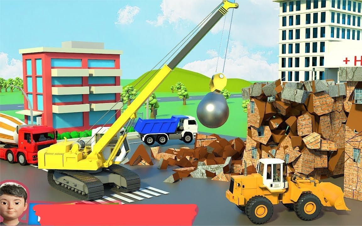 挖掘机大队在城市中修建一座新的医院 儿童动画 工程车动画片大全
