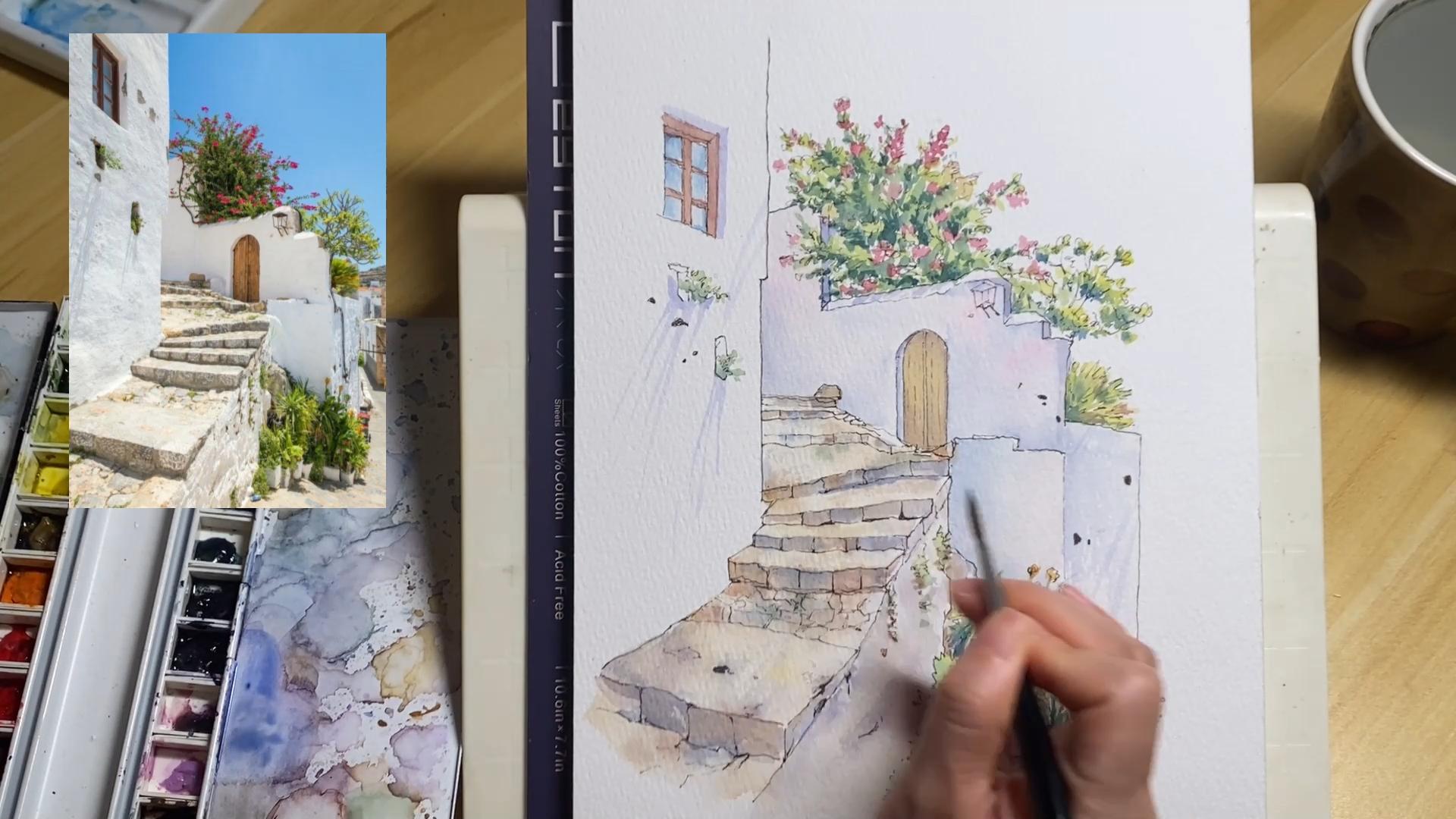 钢笔淡彩教程·石头阶梯的上色完整过程