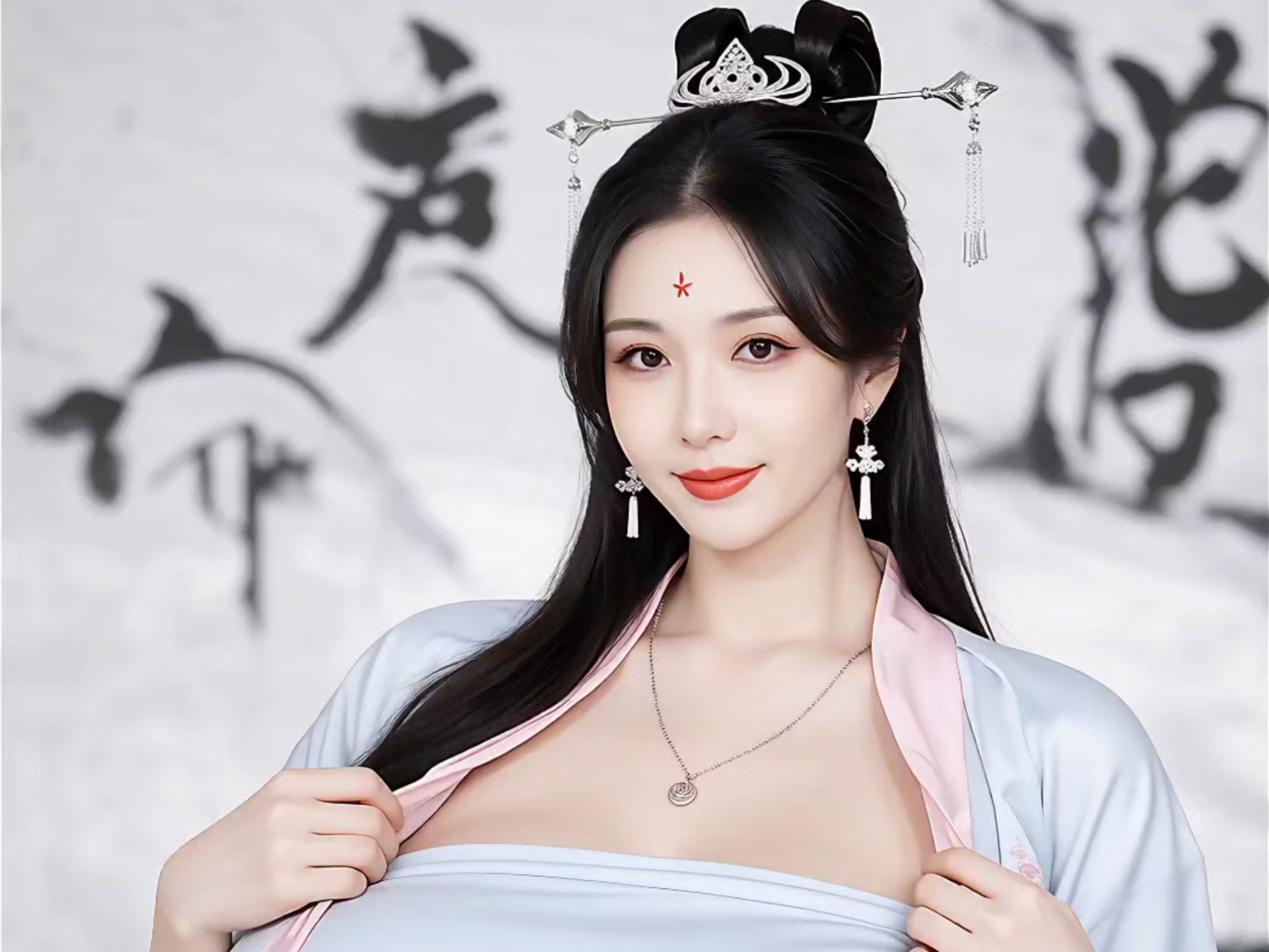 AIGC～汉服纯欲风｜书法墙前的丰腴美人